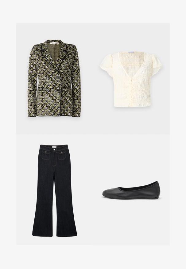 Diane von Furstenberg DION JACKET - Žakete - green; Krēmkrāsas īsām piedurknēm tops ar smocka tekstūru, V-veida kakla izgriezumu un pogu aizdari. Viegls audums ar subtīliem puff piedurknēm.; Augstas jostas flared tumšo denima bikses ar divām priekšējām kabatām un orandžu diegu. Materiāls izskatās izturīgs un gluds.; Melna ādas baleta kurpe ar noapaļotu purngalu, gludu tekstūru, minimālu šuvju detalizāciju un elastīgu zoles dizainu.