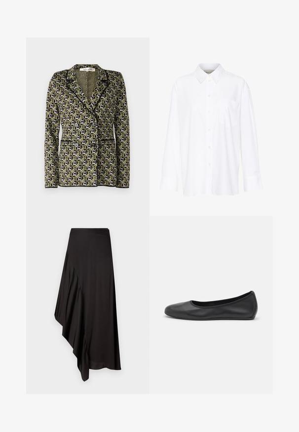 Diane von Furstenberg DION JACKET - Blazer - green; Camicia bianca a maniche lunghe con colletto in cotone. Caratterizzata da una chiusura con bottoni e una tasca sul petto singola. Tessuto liscio, vestibilità comoda.; AERON ASTER SKIRT - Gonna a tubino - black; Pantofole da balletto nere in pelle con punta arrotondata, texture liscia, dettagli di cucitura minimi e design con suola flessibile.