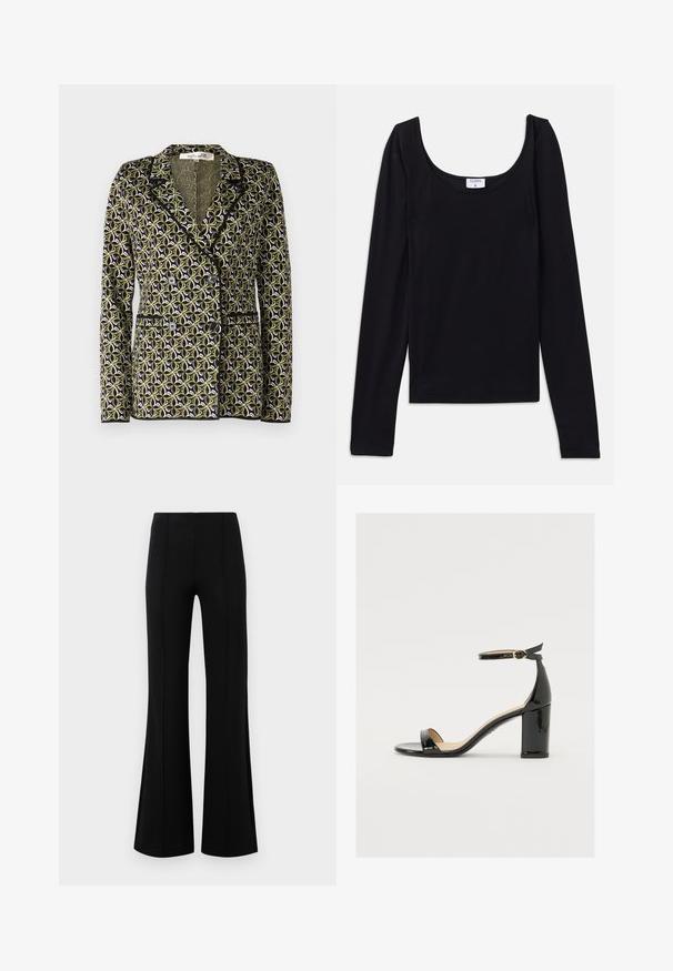 Diane von Furstenberg DION JACKET - Bleizeris - green; Juoda ilgomis rankovėmis palaidinė su apvalia iškirpte, pagaminta iš lygaus, elastingo audinio. Paprastas dizainas, be matomų raštų ar akcentų.; Juodos plačios kelnės su aukštu liemeniu, pagamintos iš tamprios medžiagos. Priekinėje dalyje yra vertikalūs siūlų akcentai ir lygus paviršius.; Juodas lakinės odos sandalai su plačiu kulnu, atvira koja ir kulkšnies juostele, turinčia auksinę sagtį. Lygi tekstūra ir elegantiškas dizainas.