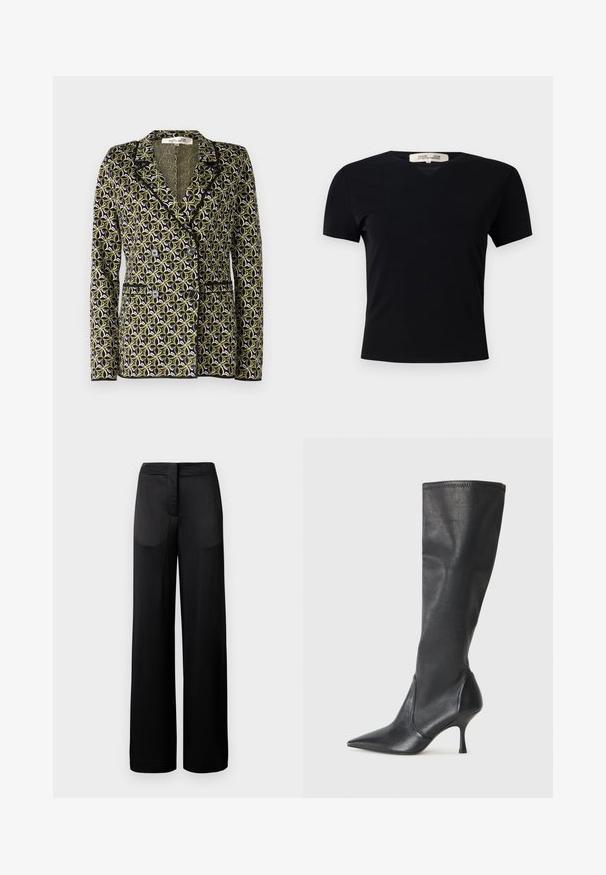 Diane von Furstenberg DION JACKET - Blejzr - green; Černé tričko s krátkým rukávem a výstřihem do V, vyrobené z hladkého, elastického materiálu. Obsahuje jednoduchý, klasický střih bez ozdob.; Široké černé kalhoty s texturovaným povrchem, vybavené plochým pasem a dvěma bočními kapsami. Tkanina se zdá být lehká a splývavá.; Černé kožené vysoké boty do kolen s špičatou špičkou a štíhlým jehlovým podpatkem. Hladká textura s přiléhavým střihem a přešitím na horním okraji.
