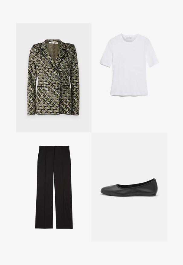 Diane von Furstenberg DION JACKET - Blazer - green; White short-sleeve t-shirt made of ribbed fabric. Round neckline, regular fit, and subtle stitching details. No patterns or graphics.; Black tailored trousers made of a smooth fabric, featuring a straight-leg design, and two side pockets. Elegant and minimalistic construction.; Black leather ballet flat with a rounded toe, smooth texture, minimal stitching detail, and a flexible sole design.