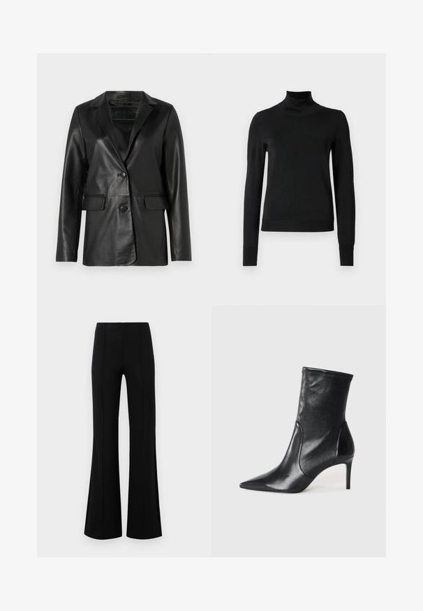 Črn usnjen blazer s prilagojenim krojem, z označenimi reverji, enojnim gumbom, dvema sprednjima žepoma in gladko, sijočo teksturo.; Črni pulover s dolgimi rokavi in vratnikom, z rebrastimi манжетами in robom, prikazan na enobarvni beli podlagi.; Črne krilate hlače z visokim pasom, izdelane iz raztegljive tkanine. Imajo vertikalne šive na sprednji strani in gladko teksturo.; Črne gležnjarje iz gladke usnje, s koničastim nosom, oprijetim okovjem in ozkim visokim peto. Minimalističen dizajn brez vidnih kovinskih delov.
