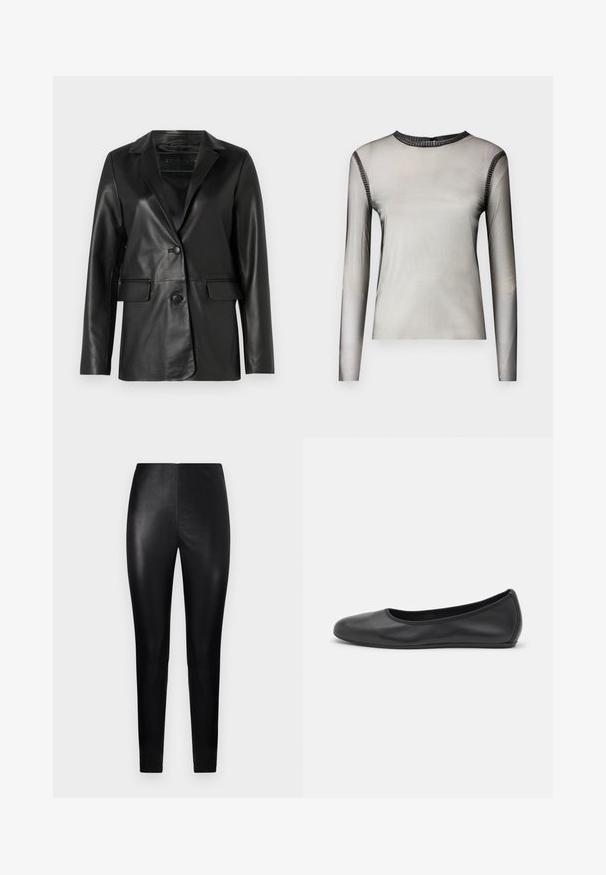 Juodas odinis švarkas su pritaikytu kirpimu, neišskirtiniais kraštais, vienos sagos sagtimi, dviem priekinėm kišenėm ir lygiu, blizgiu paviršiumi.; Ilga rankovė, permatoma pilka palaidinė su apvaliu iškirpimu, puošta juodais akmenų akcentais aplink apykaklę ir pečius, lygus paviršius.; Juodos aukšto liemens leggingai, pagaminti iš lygaus dirbtinio odos, pasižymintys prigludusia forma ir siaurėjantys keliai. Nėra matomų detalių ar raštų.; Juodai odiniai baletai su apvaliu pirštu, lygi texture, minimalus siuvimo detales ir lanksčiu padų dizainu.