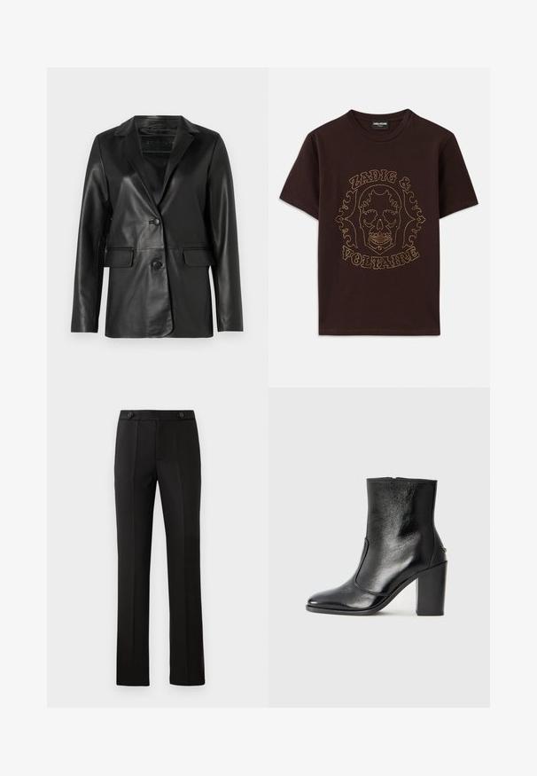 Fekete bőr blézer testre szabott fazonnal, kiemelkedő hajtókákkal, egysoros gombolással, két elülső zsebbel és sima, fényes textúrával.; Fekete pamut póló, arany szegecsekkel körbefuttatott koponya grafikával, "Zadig & Voltaire" felirattal, rövid ujjú és kerek nyakkivágású.; Fekete, szabott nadrág egyenes lábbal, két elülső zsebbel, gombos záródással és plisszé részletezéssel elöl. Simább anyagú textúra.; Fekete bőr bokacipő sima textúrával, hegyes orral és vastag, magas sarkával. Oldalnyílással és minimalista dizájnnal rendelkezik.
