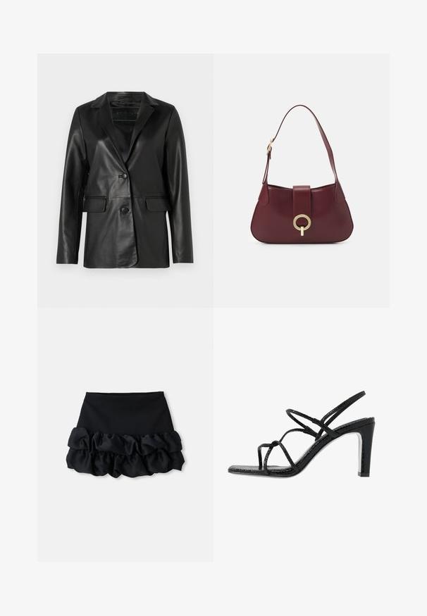 Čierny kožený sak s prispôsobeným strihom, klopami, jedným gombíkom na zapínanie, dvoma prednými vreckami a hladkou, lesklou textúrou.; Čierny dlhý rukáv turtleneck top vyrobený z hladkej látky, s volánovým golierom a priliehavou siluetou s jednoduchými okrajmi.; Čierna mini sukňa s priliehavým topom a tromi vrstvami volánikovej textílie na spodnej časti, s hladkou štruktúrou a čistými líniami.; Čierne sandále na podpätku s tenkými pásikmi, štruktúrovaným povrchom, otvorenou špičkou a elegantným, špicatým dizajnom podpätku. Majú hladkú stélku a lesklý povrch.; Burgundská kožená kabelka s oblým tvarom, zlatým kruhovým kovovým detailom a jedným ramenným popruhom. Hladký povrch, minimalistický dizajn.