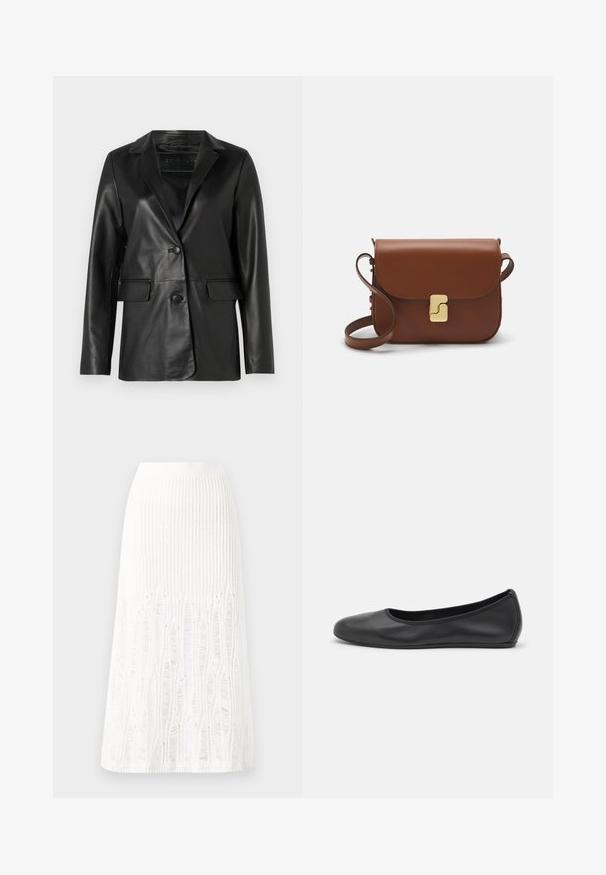 Mustast nahast bleiser, millel on kohandatud lõige, nurgelised kraed, ühe nupuga kinnitamine, kaks esikotti ja sile, läikiv tekstuur.; Valge lühikeste varrukatega T-särk ribatud kangast. Ümara kaelusega, tavalisest sobivusest ja peente õmbluse detailidega. Ilma mustrite või graafikateta.; Kootud valge midi seelik, millel on tekstuurine muster vertikaalsete joonte ja lõike-detailidega hemmi lähedal. Elastne vöökoht. Pehme materjal.; Musthave mustika tantsutossud mustast nahast, ümmarguse varbaga, siledast tekstuurist, minimaalse õmblusdetailiga ja paindliku tallakujundusega.; Pruunist nahast käekott, millel on klapiga sulgur, kuldne riistvara, õlarihm ja sile tekstuur. Kompaktne ristkülikukujuline vorm.