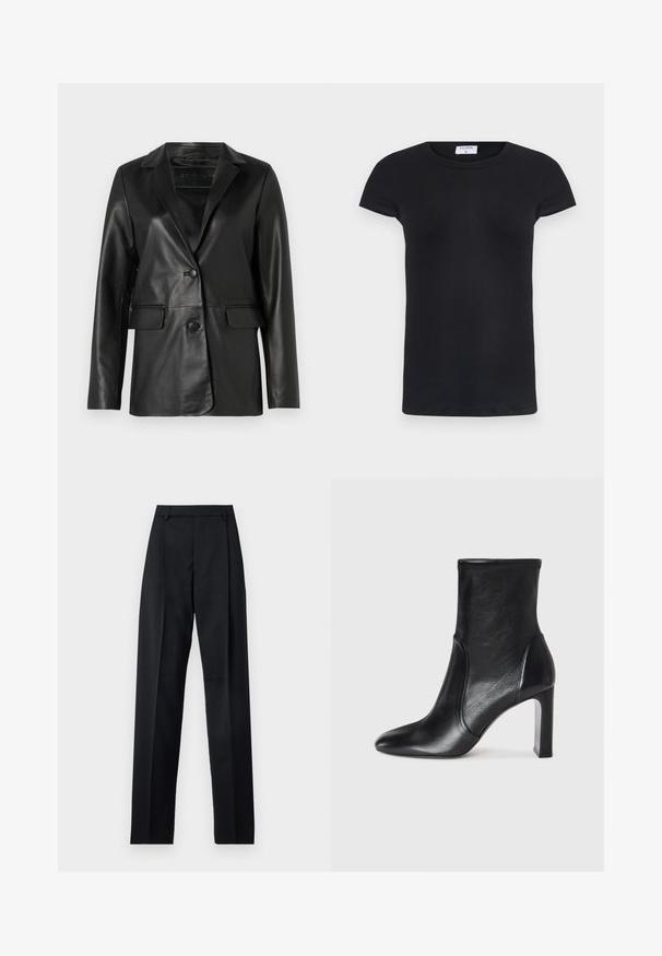 Mustan nahkatakki, jossa on muotoiltu istuvuus, lovetut hihansuut, yhden napin sulku, kaksi etutaskua ja sileä, kiiltävä pinta.; Mustapintainen ribattu T-paita pyöreällä kaula-aukolla ja lyhyillä hihoilla. Pehmeä kangas, joka on istuvaa muotoa, ja kauluksessa on merkki.; Musta housut, jotka on valmistettu sileästä kankaasta ja joissa on korkea vyötärö, leveät lahkeet, etukaarteet ja klassiset vyölenkit. Ei näkyviä sivutaskuja.; Mustan nahkaisen nilkkureiden tyylikäs muotoilu, terävä kärki ja korkea paksu korko. Ominaisuuksiin kuuluu sileä pinta ja minimalistinen ommelkoristelu.