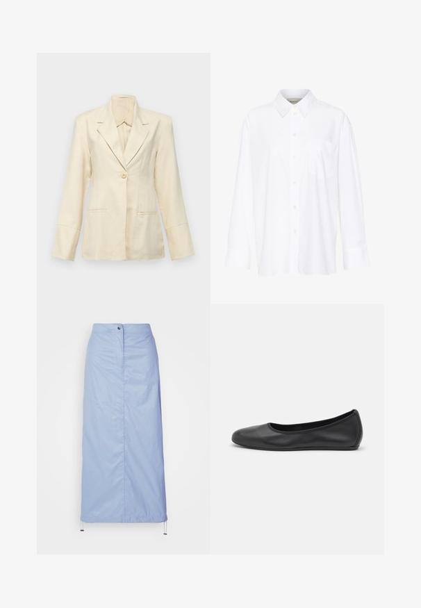 Faithfull the brand SOLEIL - Bleizeris - sand; Balta ilgomis rankovėmis marškiniai su apykakle, pagaminti iš medvilnės. Su mygtukų užsegimu priekyje ir viena krūtinės kišenė. Lygus paviršius, laisvas siluetas.; Šviesiai mėlyna, vidutinio ilgio sijonas, pagamintas iš sklandžios, lengvos medžiagos su tiesiu kirpimu, turi priekinius mygtukus ir raištelį apatinėje dalyje.; Juodai odiniai baletai su apvaliu pirštu, lygi texture, minimalus siuvimo detales ir lanksčiu padų dizainu.