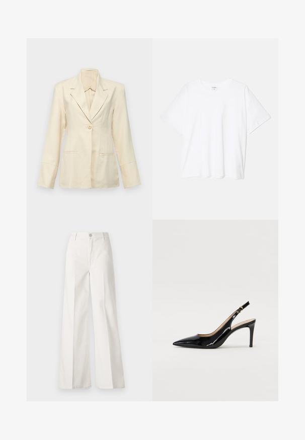 Faithfull the brand SOLEIL - Blazer - sand; Vit bomull t-shirt med kort ärm, rund halsringning, avslappnad passform och söm i nederkant. Etikett synlig på insidan av halsen.; Vita vida-byxor gjorda av bomull med en slät textur. Har en framknapp, gylf med dragkedja och fyra fickor.; Svart patenterat läder slingback pumps med spetsig tå, smal klack och en subtil utskärning. Har en guldbuckle på remmen.