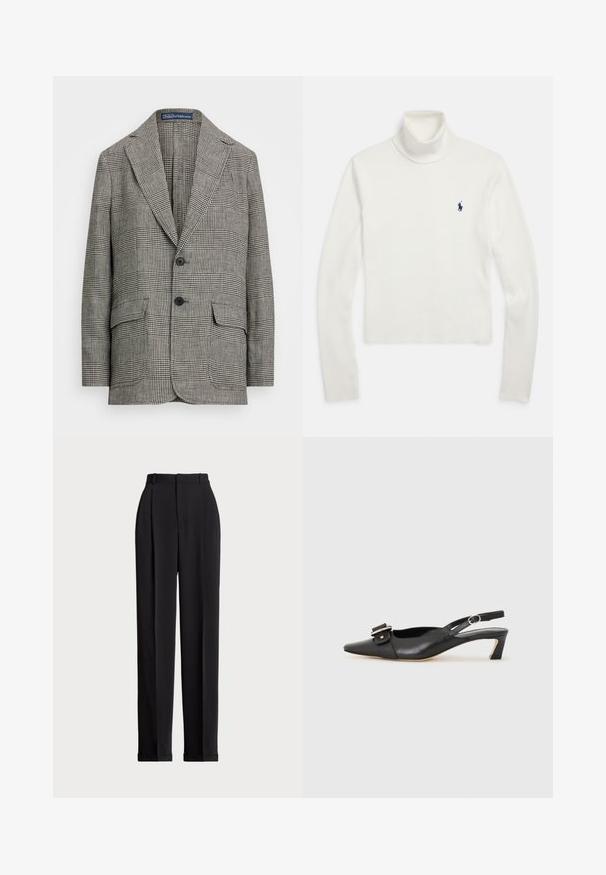 Blazer xadrez em preto e branco, com lapela notched, dois botões e dois bolsos frontais. Feito de tecido texturizado.; Camisola branca de gola alta de manga longa com um pequeno logo de jogador de pólo azul-marinho no lado esquerdo do peito.; Calças pretas ajustadas com uma cintura alta, apresentando pregas na frente, um design de perna reta e bainha com punho. Feitas de tecido suave.; Sandal com correia preta em pele, com bico fino, pequeno salto e detalhe de fivela decorativa na parte superior. Textura suave, design minimalista.