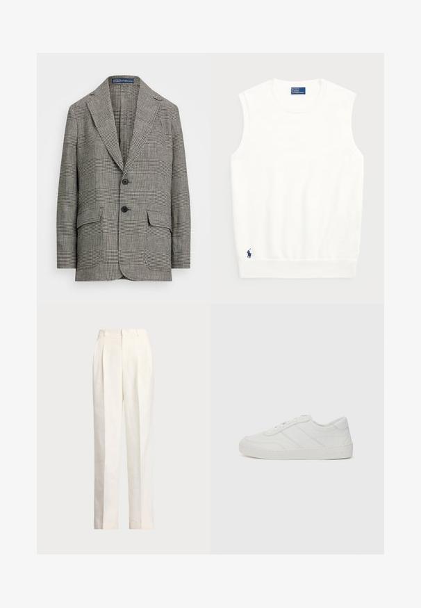 Checked blazer in black and white, featuring a notched lapel, two buttons, and two front pockets. Made of textured fabric.; White sleeveless sweater made of smooth cotton, featuring a ribbed hem and a small navy logo on the bottom left. Simple design, no patterns.; Polo Ralph Lauren HEMP WIDE LEG PANT - Trousers - nevis; White leather sneaker with flat laces, rounded toe, and subtle stitching details. Features a textured sole and embossed brand logo on heel.