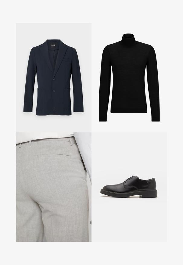 Mörkblå, enfärgad blazer med slagkrage, två framfickor och knappstängning. Tillverkad av ett strukturerat, lätt tyg.; Svart polotröja gjord av mjukt material, med långa ärmar och en åtsittande passform. Ribbat avslut vid fåll och ärmslut. Enkelt mönster.; Ljusgrå skräddarsydda byxor av texturerat tyg med en enda bakficka och rena sömmar.; Svart läder snörsko med rund tå, slät yta, minimal söm och låg gummihäl. Logotyp på hälen.