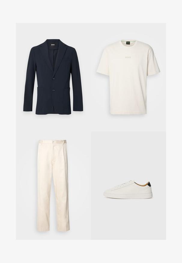 Jakna temno modre barve, z enim gumbom in zareznimi klapami, z dvema sprednjima žepoma in zapiranjem na gumb. Narejena iz teksturirane, lahke tkanine.; BOSS TEE - Navadna majica - open white; Bež cottone hlače s ravnim krojem, ki imajo gumbasto zapiranje in nabore spredaj za dodatne detajle.; Bela tenisa s gladkim usnjem, okroglo konico in ravnim podplatom. Črn poudarek na peti, s toniranim vezalkami in minimalnim označevanjem.