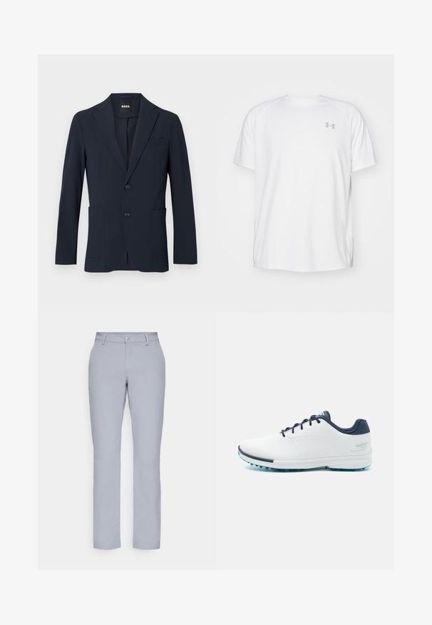 Granatowy, jednorzędowy żakiet z klapami, dwiema przednimi kieszeniami i zapięciem na guzik. Wykonany z teksturowanej, lekkiej tkaniny.; Biała, krótko rękawowa koszulka sportowa wykonana z gładkiego materiału. Posiada okrągły dekolt oraz szare logo po lewej stronie klatki piersiowej, z bocznymi rozcięciami u dołu.; Jasnoszare spodnie o prostym kroju, z zapięciem na guziki, kieszeniami z przodu oraz gładką, teksturowaną tkaniną. Minimalistyczny design, bez wzorów.; Białe buty sportowe z gładką syntetyczną cholewką, niebieskimi akcentami, teksturowanym granatowym obcasem i lekką, kolczastą podeszwą zapewniającą przyczepność.