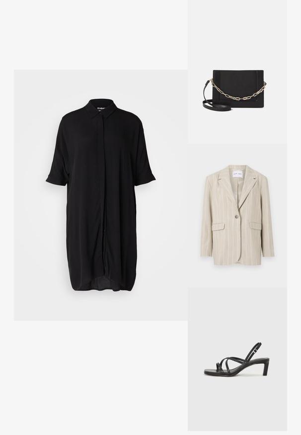 Beige svītrains žakets ar vienu pogu aizvēršanu, ar izgrieztiem uzpurnīšiem un divām priekšējām kabatām. Izgatavots no viegla auduma ar gludu tekstūru.; Melnas, īsām piedurknēm krekla kleita, izgatavota no viegla auduma. Rūpīgi izstrādātas iezīmes ietver apkakli, pogu priekšpusi un brīvu, pagarinātu siluetu.; Melnas strappy sandales ar kvadrātveida purngaliem un zemu bloku papēdi. Ievērojamas ar vairākiem plāniem siksniņām un regulējamu potītes siksniņu. Izgatavotas no gludas ādas.; Melna ādas crossbody soma ar gludu faktūru, taisnstūrveida formu un metalizētu ķēdes detaļu priekšā. Iekļauta regulējama siksna.