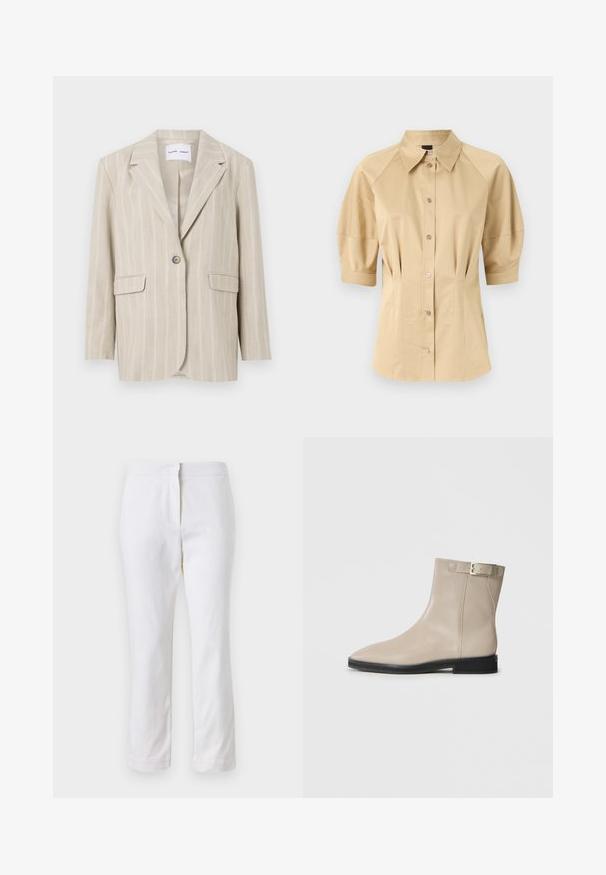Blazer bej cu dungi, cu o închidere cu un singur buton, rever înclinat și două buzunare frontale. Fabricat dintr-un material ușor, cu o textură netedă.; Cămașă bej cu mâneci scurte tip puff, guler amplu și detalii pe cusături. Fabricată dintr-un material neted, cu închidere frontală cu nasturi.; Pantaloni din bumbac alb, cu un design drept, având talie medie și fără hardware sau modele vizibile. Textură uniformă pe întreaga suprafață.; Botină din piele bej, până la gleznă, cu vârf ascuțit, talpă neagră, toc mic și curea cu cataramă aurie pe partea exterioară, prezentată pe un fundal alb.