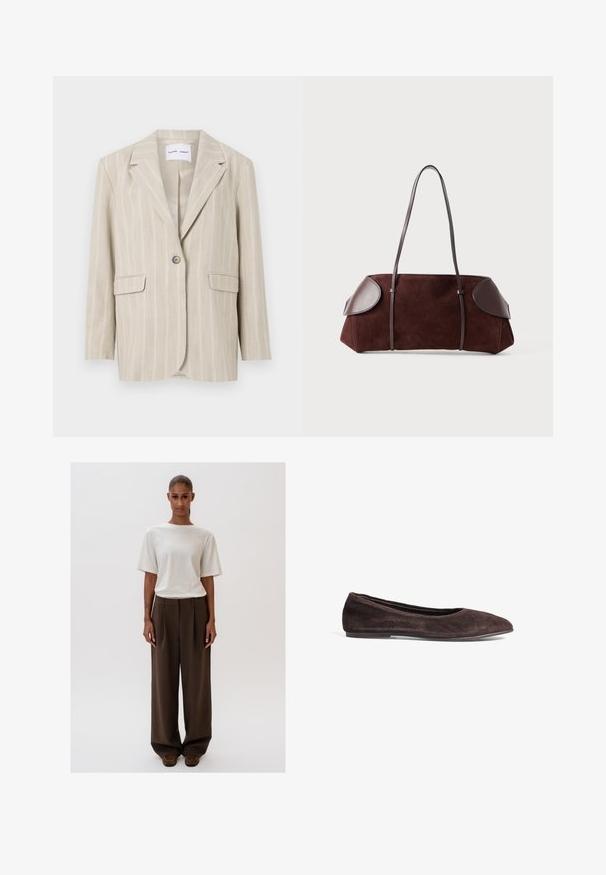 Blazer a rayas beige con cierre de un solo botón, solapas muestradas y dos bolsillos frontales. Fabricado con una tela ligera de textura suave.; Top blanco de manga corta con un patrón acanalado texturizado y un escote redondo. Fabricado en un material suave. Longitud corta.; Camiseta blanca cremosa de corte relajado con mangas cortas, combinada con pantalones marrones de pierna ancha de cintura alta. Diseño sencillo, texturas suaves.; Bailarina de ante marrón con punta afilada y perfil bajo. Presenta una textura suave y un diseño minimalista. Sin hardware visible ni acentos.; Bolsa de ante marrón con acentos de cuero, forma estructurada, doble strap para el hombro y bordes redondeados, con una textura suave y hardware minimal.