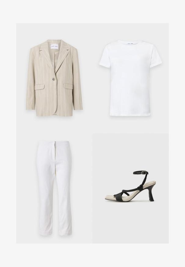 Bežový pruhovaný blazer s jedním knoflíkem, s klopovými límci a dvěma předními kapsami. Vyrobeno z lehkého materiálu s hladkou strukturou.; Bílá krátká tričko s krátkým rukávem vyrobené z bavlny s kruhovým výstřihem. Hladká textura a rovný střih, bez vzorů nebo akcentů.; Bílé bavlněné kalhoty s rovnou nohavicou, s středně vysokým pasem a bez viditelných kovových prvků nebo vzorů. Hladká textura po celém povrchu.; Černé sandály na podpatku s pleteným designem pásku, čtveratou špičkou a nastavitelným páskem kolem kotníku. Světle béžová stélka s lesklým černým podpatkem.