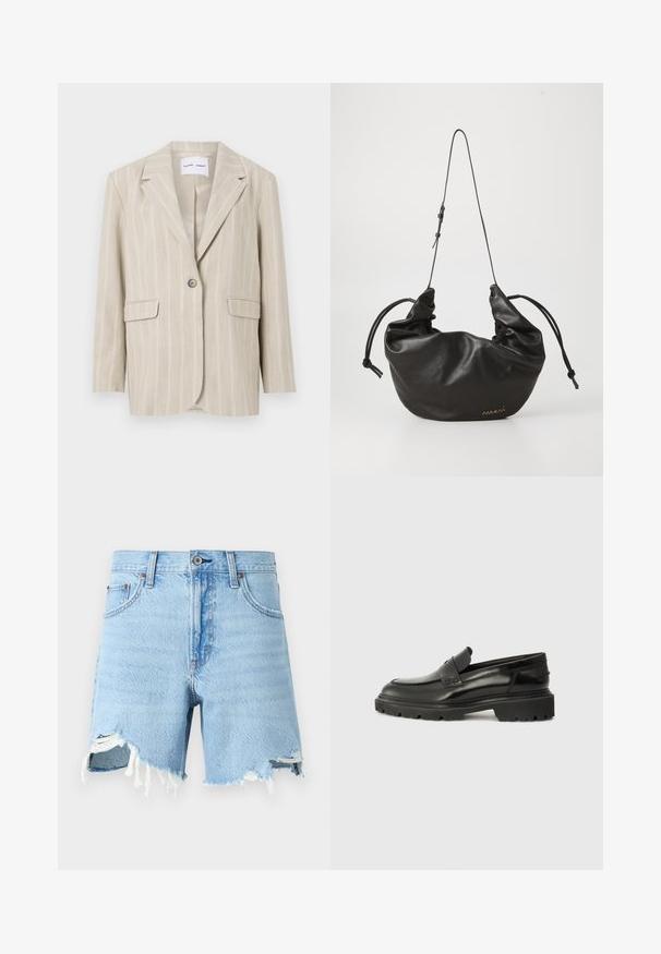 Blazer bej cu dungi, cu o închidere cu un singur buton, rever înclinat și două buzunare frontale. Fabricat dintr-un material ușor, cu o textură netedă.; Top alb fără mâneci, confecționat din material ribbed, prezentând un decolteu rotund și o siluetă ajustată, cu cusături minime și fără ornamente.; Șorturi din denim de un albastru deschis, cu un design clasic cu cinci buzunare, margine desprinsă și detalii uzate pe față.; Pantofi slip-on din piele neagră cu vârf rotund, talpă groasă texturată și detalii subtile de cusătură. Au un logo mic pe spate.; Geantă de umăr din piele moale neagră, cu curea subțire ajustabilă, părți laterale drapate legate cu noduri și un mic logo auriu în colțul din dreapta jos.