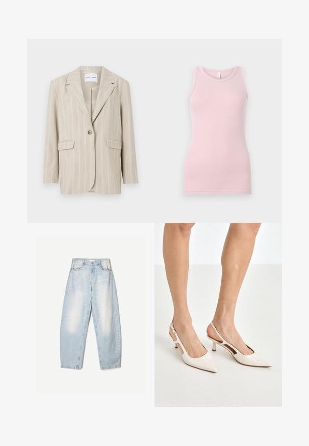 Beige csíkos zakó, egy gombos zárással, kifordított hajtókával és két elülső zsebbel. Könnyű anyagból készült, sima felülettel.; Világos rózsaszín ujjatlan felső, puha, rugalmas anyagból készült. Kerek nyakkivágással és keskeny pántokkal rendelkezik, sima textúrával és testhezálló szabással.; Világoskék farmernadrág, laza szabással, elhasználódott hatással, két elülső zsebbel és gombos zárással a derékrészen.; Beige patent bőr slingback magassarkúk hegyes orral és 5 cm-es sarokkal, kivágott oldalakkal és vékony bokapánttal.
