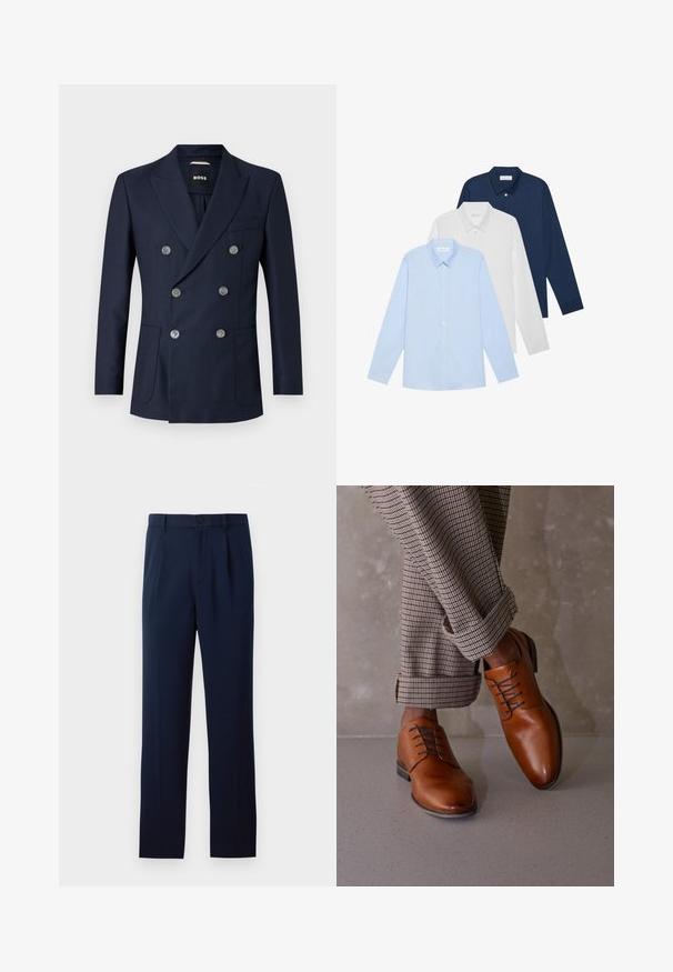 Blazer azul-marinho de um tecido suave, com fecho duplo, botões prateados, lapelas em bico e dois bolsos laterais. Sem padrões visíveis.; Três camisetas de manga longa: azul claro, branca e azul-marinho. Todas têm gola clássica e frente com botões, feitas de tecido liso.; Calças azul marinho feitas de tecido suave, com fecho de botão único, pregas e pernas retas. Design minimalista sem padrões notáveis.; Sapatos de couro castanho apresentam um bico arredondado, design de atacadores com cinco ilhós e atacadores escuros em contraste. As calças são xadrez, com as bainhas dobradas.