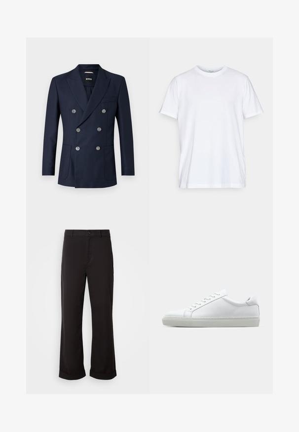 Sinine kahekordne ülikond, mis on valmistatud siledast kangast, millel on hõbedased nööbid, nurgelised kraed ja kaks küljetaskut. Pole nähtavaid mustreid.; Valge puuvillane T-särk lühikeste varrukatega, ümmarguse kaelusega ja mugava lõikega. Omab minimalistlikku disaini, ilma mustrite või aktsentideta.; Mustad sirgedega mustad püksid, valmistatud kergest kangast. Omavad klassikalist nuppude sulgemist ja rullitud ääri.; Valge tennisetoss, millel on sile nahk pealis ja madal profiil. Omab ümarat ninaosa, kuut silmust ja tekstuuriga kummist talda.