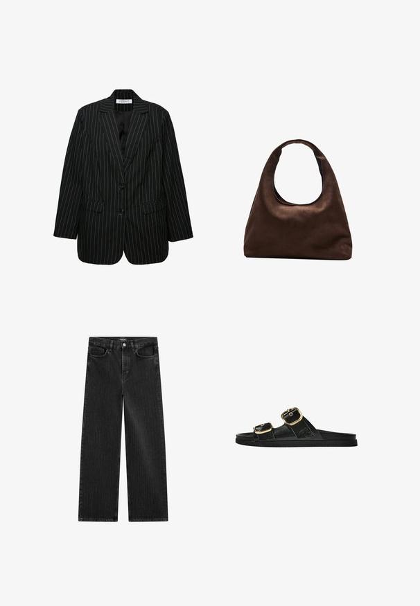 Svart kavaj med randigt mönster, två knappar, slagkrage, framfickor och en något oversized passform. Strukturerad tyg med en slät foder.; Mörkbrun t-shirt med kort ärm tillverkad av bomull. Har en rund halsringning och en avslappnad passform, utan synliga mönster eller dekorationer.; Bredbenta svarta denimjeans med ett subtilt vertikalt randmönster, med femfickorsdesign och en klassisk knäppning i midjan.; Svart glidsandal med två guldfärgad spännen, slät textur av material, platt sula och en minimalistisk design.; Mjuk brun hobo-väskastil med ett brett axelband och en rundad öppning upptill, visad på en vit bakgrund.