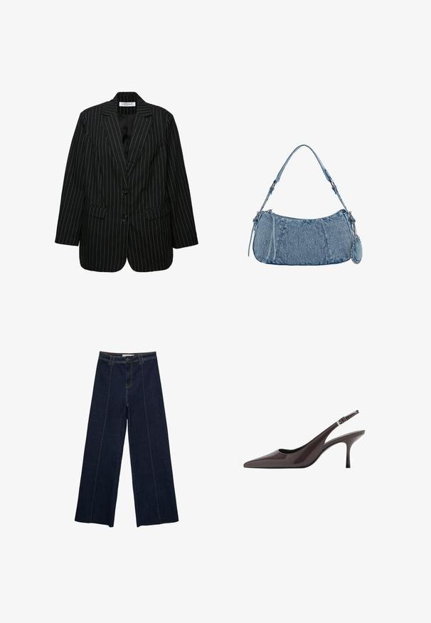 Musta raitapuku takki, jossa on kaksi nappia, kaartuva kaulus, etutaskut ja hieman ylipitkä leikkaus. Teksturoitu kangas, jossa on tyylikäs vuori.; Valkoinen lyhythihainen t-paita, jossa on rento leikkaus ja frillattu tekstuuri vyötäröllä. Valmistettu pehmeästä, kevyestä kankaasta.; Tumma farkut, joissa on leveät lahkeet, kontrastivärinen ommel, korkea vyötärö ja suora leikkaus. Ominaisuuksiin kuuluvat etutaskut ja klassinen nappikiinnitys.; Korkokenkä, jossa on terävä kärki ja avokanta, valmistettu tummanruskeasta kiillon nahasta. Kenkässä on hoikka korkea korko ja säädettävä nilkkastrappi, jossa on solki.; Denim-käsilaukku, jossa on kaareva muoto, vaaleansininen väri, säädettävä olkahihna ja pieni irrotettava pussukka metallikoristeilla.