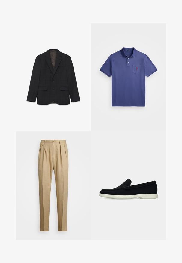 Tmavě šedý blazer s jemným kostkovaným vzorem, dvěma předními kapsami, jednoradovými knoflíky a hladkou podšívkou.; Fialové polo tričko vyrobené z bavlny, s tříknoflíkovou légou, krátkými rukávy a náprsní kapsou s vyšitým červeným logem.; Béžové lněné kalhoty rovného střihu, s dvěma předními sklady, zapínáním na knoflík a bočními kapsami. Strukturovaná tkanina s hladkým povrchem.; Černá nazouvací bota s kulatou špičkou, má texturovaný svršek, hladkou bílou podrážku a subtilní značkový detail na boku.