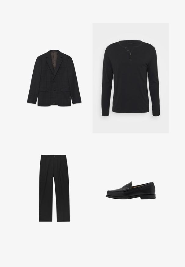 Donkergrijze blazer met een subtiel ruitpatroon, twee voorkruiszakken, enkelvoudige knopen en een zachte binnenvoering.; Zwart lange mouwen henley shirt van zachte stof, met een knoopsluiting, ronde halslijn en aansluitende mouwen.; Zwarte broeken met een recht model, gemaakt van een gladde stof. Voorzien van een voorplooien en een enkele knoopsluiting bij de taille.; Mango Zakelijke loafers - black