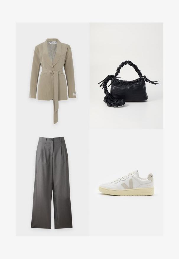 Beige csíkos blézer, sálgallérral, egy zsebbel és deréknál megkötött övvel. Puha anyag, sima textúrával.; Krém színű kötött pulóver, magas állú gallérral, ejtett vállakkal, valamint bordázott mandzsettákkal és alsó résszel. Puha, texturált anyaga melegséget biztosít.; Széles lábú nadrág sötétszürke anyagból, gombos zárással, elülső pliszírozással és sima textúrával. Nincs látható minta vagy díszítés.; Fehér bőr sneaker bézs velúr részletekkel, perforált orr résszel, lapos fűzőkkel és textúrált krémszínű talppal. Finom márkajelzés található a sarkán.; Fekete műbőr kézi táska krokodil bőr textúrával, összehúzható tetejű és gyűrt pánttal. Lágy és kompakt dizájnúnak tűnik.