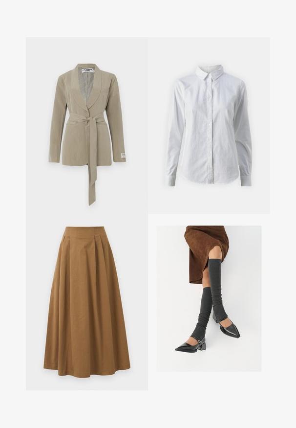 Beige pinstripe blazer jossa on shaalikaulus, yksinkertainen tasku ja vyötäröllä solmittava vyö. Pehmeä kangas, jossa on sileä textura.; Valkoinen napitettava paita, joka on valmistettu sileästä puuvillasta. Paidassa on klassinen kaulus, pitkät hihat ja kaareva helma. Nappien koko on pieni ja ne ovat valkoiset.; Ruskea puuvillainen A-linjainen hame korkealla vyötäröllä, jossa on laskokset edessä ja sileä pinta. Helma on viimeistelty siististi ja yksinkertaisesti.; Musta lakattu nahkakengät teräväkärkisillä, leveällä kantapäällä ja nilkkahihnalla, yhdistettynä harmaisiin ribattuihin säärystimiin ja ruskeaan mokkasiinimekkoon.