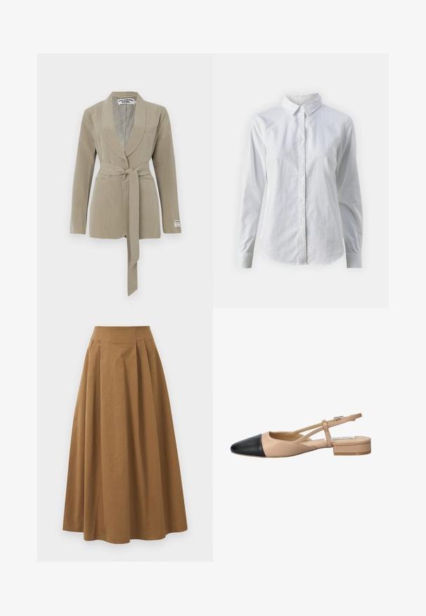 Beige csíkos blézer, sálgallérral, egy zsebbel és deréknál megkötött övvel. Puha anyag, sima textúrával.; Fehér, sima pamutből készült gombos ing, klasszikus gallérral, hosszú ujjakkal és ívelt hemvéggel. A gombok kicsik és fehérek.; Barna pamut A-vonalú szoknya magas derékkal, elöl pliszézett és sima textúrával. Az alsó szegélyek letisztultak és egyszerűek.; Beige és fekete, két tónusú, slingback cipő hegyes orral, lapos sarokkal és keresztbe fonott pánttal. Sima bőr textúra.