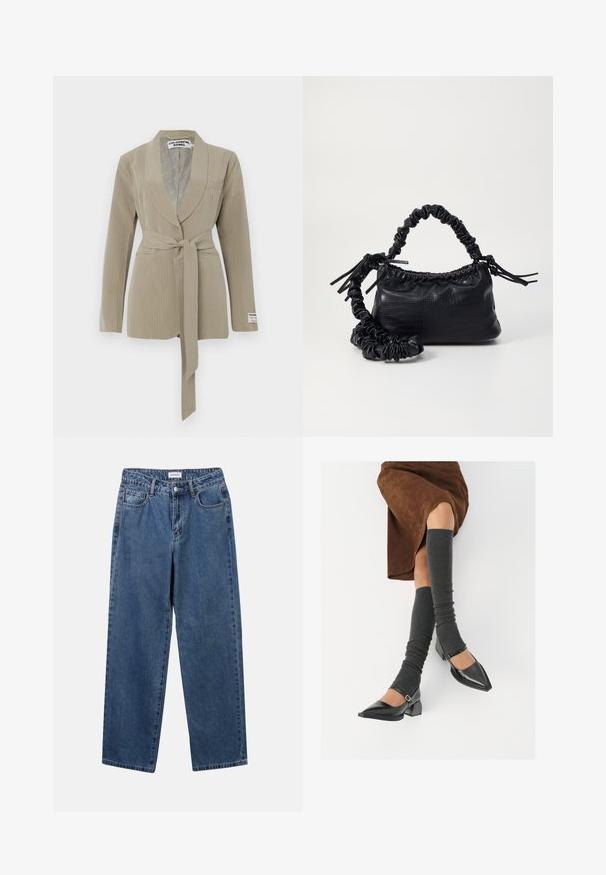 Beige pinstripe blazer med sjalkrage, en enkelt lomme og et bundet belte i midjen. Mykt stoff med en jevn tekstur.; Hvit skjorte med knapper laget av glatt bomull, med klassisk krage, lange ermer og buet skjær. Knapper er små og hvite.; Klassiske blå denimjeans med rett ben-design, fem lommer og knappelukking. Har en middels vask og solid tekstur.; Sorte lakkpumps med spiss tå, blokkhel, og ankelstropp, kombinert med grå ribbestrikkede beinvarmere og et brunt semsket skinn skjørt.; Svart faux skinn-håndveske med krokodilletekstur, strammet topp og en rynket stropp. Ser myk og kompakt ut i designen.