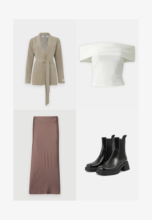 Beige pinstripe blazer med sjalkrage, en enkelt lomme og et bundet belte i midjen. Mykt stoff med en jevn tekstur.; Off-shoulder hvit topp med plisserte, strukturerte ermer og tettsittende liv. Laget av mykt stoff med en jevn tekstur.; Brun sateng midi skjørt med en jevn tekstur, tettsittende silhuett og en midjeelastikk. Ingen synlige mønster eller detaljer.; Sorte lær Chelsea støvler med en kraftig hæl, elastiske sidepaneler og kontrasterende hvid syning. Teksturert overflate.