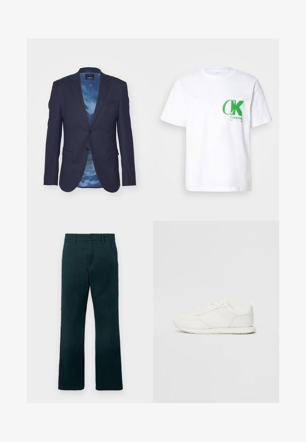 Tumši zilā žakete ar strukturētu audumu, ar vienu pogu aizdari, divām priekšējām kabatām un kontrastējošu gaiši zilu satīna odere.; Balts kokvilnas T-krekls ar zaļu CK logo kreisajā krūtīs. Klasiska apļa kakla dizains ar īsām piedurknēm un taisnu apakšdaļu.; Tumši zaļi taisni bikses ar jostu cilpiņām, sānu kabatām un pogu aizdari uz vienkārša balta fona.; Baltie sporta apavi ar mežģīņu un sintētisko augšdaļu, apaļu purngalu, plakanu mežģīņu un teksturētu sānu joslu. Gumijas zole ar cilpu aizmugurē.