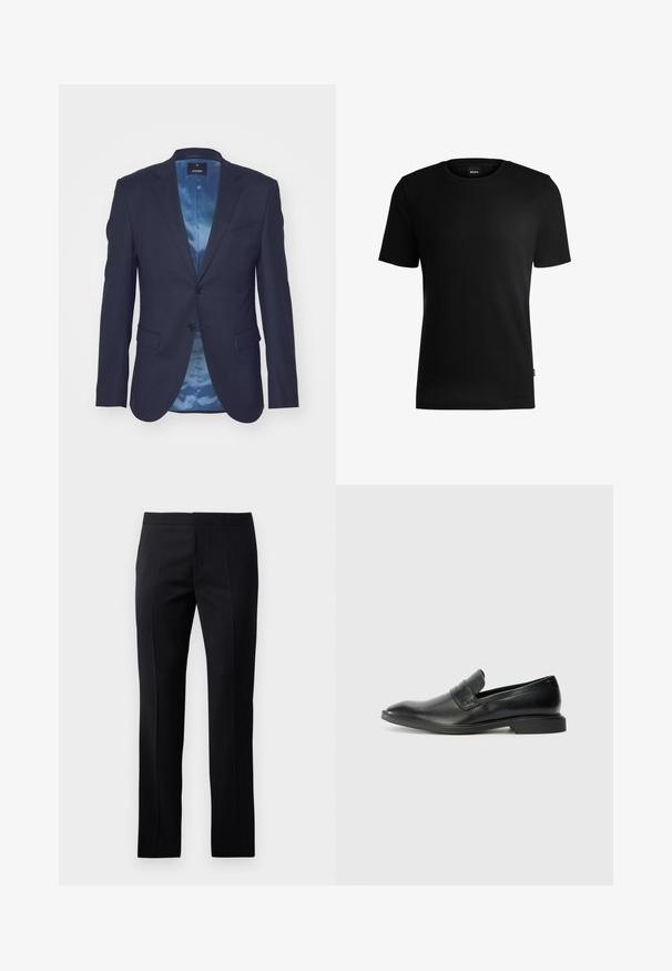 Dark navy blazer with a textured fabric, single button closure, two front pockets, and a contrasting light blue satin lining.; Black short-sleeve t-shirt made of textured fabric with a round neckline. Features a logo tag on the lower side.; Black dress pants featuring a tailored fit, flat front, and a smooth texture with subtle creases for a structured appearance.; Black leather loafers with a smooth texture, pointed toe, and a low rectangular heel. Features horizontal strap detail across the upper.