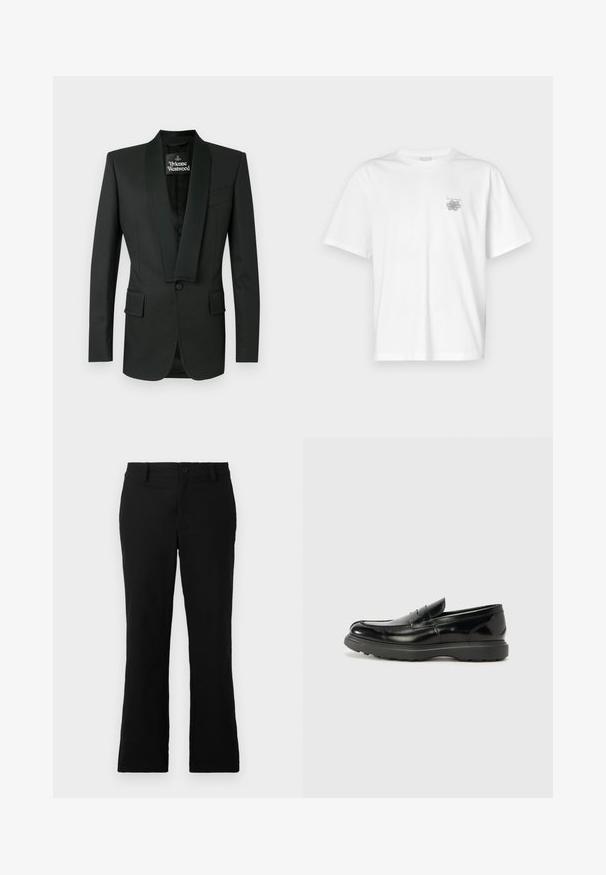Black tuxedo jacket with a satin shawl collar, single button closure, two front pockets, and a subtle texture. Labeled Vivienne Westwood.; White t-shirt made of cotton featuring short sleeves, a crew neck, and a small gray logo on the left chest area. Smooth texture.; Black flared trousers made of cotton blend fabric, featuring a button closure, belt loops, and a smooth texture with no visible patterns.; Black leather loafer with a glossy finish, rounded toe, subtle stitching details, and a thick rubber sole for durability.