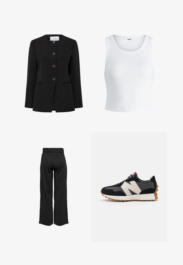 Fekete blézer, kör alakú nyakkivágással, négy díszes gombbal és két elülső zsebbel. Szerkezeti anyagból készült.; Fehér bordás ujjatlan top, kerek nyakkivágással és rövid hosszal. A címke szerint "JJXX". Sima szövettextúra.; Fekete, bővülő szárú nadrág, elasztikus derékkal, sima anyagból készült. Tiszta dizájn jellemzi, zsebek és látható varrási részletek nélkül.; Fekete és szürke velúr sportcipő nagy krémszínű "N" logóval, lila fűzőkkel és texturált gumi talppal.