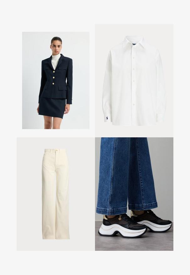 Marineblauwe blazer met gouden knopen en twee voorzakken, gecombineerd met een bijpassende aansluitende rok. Gestructureerde stof met verticale strepen.; Witte button-up shirt met lange mouwen, klassieke kraag en een klein blauw logo op de manchet. Gladde katoenstof, gestructureerde pasvorm.; Polo Ralph Lauren COTTON CORDUROY WIDE-LEG PANT - Broek - warm white; Zwart-gouden sneakers met een gebogen witte zool. Gestructureerde stof met logodetails. Gecombineerd met brede blauwe spijkerbroek.