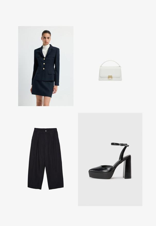 Granatowa marynarka z złotymi guzikami i dwiema przednimi kieszeniami, w komplecie z dopasowaną spódnicą. Teksturowana tkanina z pionowymi paskami.; Czarny top na ramionczkach wykonany z bawełny, z okrągłym dekoltem i szerokimi wycięciami na ramionach. Gładka tekstura z przeszytymi brzegami. Klasyczny, minimalistyczny design.; Czarne spodnie culotte z poliestru z elastycznym pasem, dwoma fałdami z przodu i luźnym krojem. Brak widocznych wzorów lub elementów metalowych.; Czarne platformy na wysokim obcasie z szpiczastym noskiem i regulowanym paskiem na kostkę. Wykonane z gładkiej skóry, z grubym słupkowym obcasem.; Biała skórzana torebka o strukturalnym kształcie, z górnym uchwytem i złotym zapięciem. Gładka tekstura i minimalistyczne akcenty.