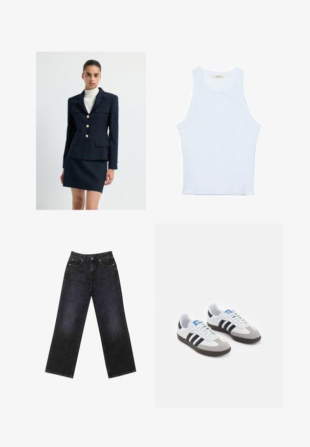 Námořnický modrý blazer se zlatými knoflíky a dvěma předními kapsami, spárovaný s odpovídající nabíranou sukní. Texturovaná látka s vertikálními pruhy.; Bílý top bez rukávů, žebrovaná textura, kulatý výstřih, obtáhnutý střih, decentní značka na štítku uvnitř oblasti límce.; Černé džíny s vysokým pasem a širokým střihem, pět kapsami a viditelným švem. Materiál má hladký, mírně strukturovaný povrch.; Sportovní boty s bílým koženým svrškem, šedou semišovou špičkou a třemi černými pruhy. Obsahují modré logo na jazyku a texturovanou gumovou podrážku.