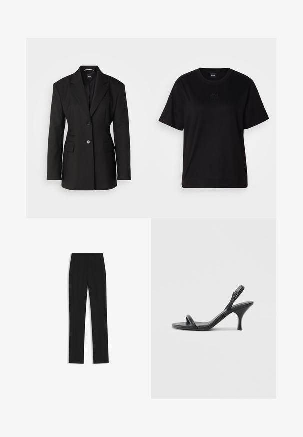 BOSS JOKELA - Pitkä takki - black; Musta puuvillapaita, jossa on pyöreä kaula-aukko, lyhyet hihat ja brodeerattu logo rinnassa. Yksinkertainen, rento istuvuus ilman kuvioita.; Mustat räätälöidyt housut suoran lahkeen designilla, joissa on etutaskut ja sileä, teksturoitu kangas. Siistit, minimalistiset yksityiskohdat.; Mustat nahkaiset korkokengät, joissa on hoikka, kaareva korko ja ristiin menevä hihnadesign. Säädettävä nilkkahihna. Silkkinen pinta.