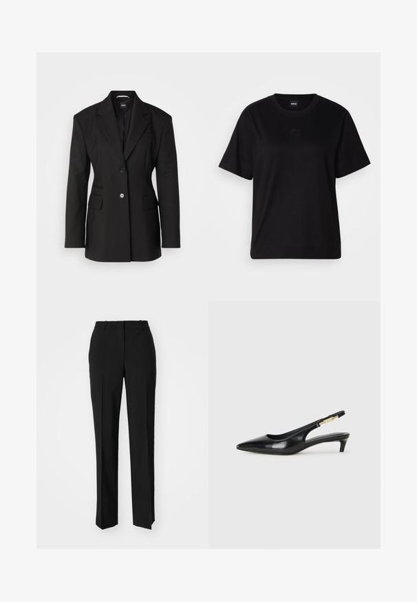 BOSS JOKELA - Pitkä takki - black; Musta puuvillapaita, jossa on pyöreä kaula-aukko, lyhyet hihat ja brodeerattu logo rinnassa. Yksinkertainen, rento istuvuus ilman kuvioita.; Mustat räätälöidyt housut suoraa lahjetta, joissa on sileä pinta ja terävät taitteet edessä. Ei näkyvää metalliosaa.; Mustat nahkaiset slingback-korkokengät, joissa on terävä kärki, ohuet korot ja kultasävytteinen yksityiskohta säädettävässä hihnassa. Silkkinen pinta.