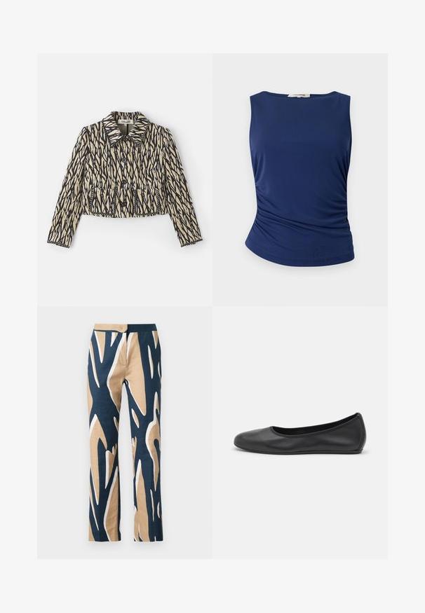 Jachetă scurtă de culoare crem cu un model abstract negru. Prezintă un guler, închidere cu nasturi și două buzunare frontale cu cusături decorative.; Top fără mâneci de culoare bleumarin, realizat dintr-un material neted și elastic. Prezintă detalii cu pliuri pe lateral și un tiv rotunjit pentru un aspect ajustat.; Pantaloni largi în navy, bej și cu un model grafic alb. Realizați dintr-un material ușor, cu o textură netedă și o talie ajustată.; Balerini din piele neagră, cu vârf rotund, textură netedă, detalii de cusătură minimale și un design al tălpii flexibil.