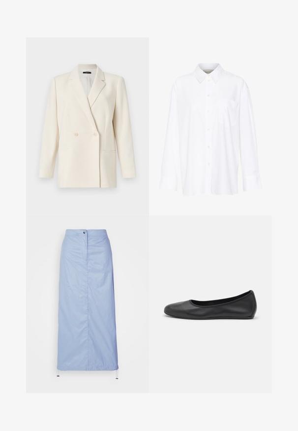 Theory Kratka jakna - rice; Bijela košulja dugih rukava s kragnom, izrađena od pamuka. Ima kopčanje s gumbima sprijeda i jednu džep na prsima. Glatka tekstura, ležeran kroj.; Svijetloplava suknja srednje dužine izrađena od glatkog, laganog materijala s ravnim krojem, ima prednje dugme za zatvaranje i vezicu na rubu.; Crne kožne baletanke s zaobljenim vrhom, glatke teksture, minimalnim detaljima šavova i fleksibilnim dizajnom potplata.