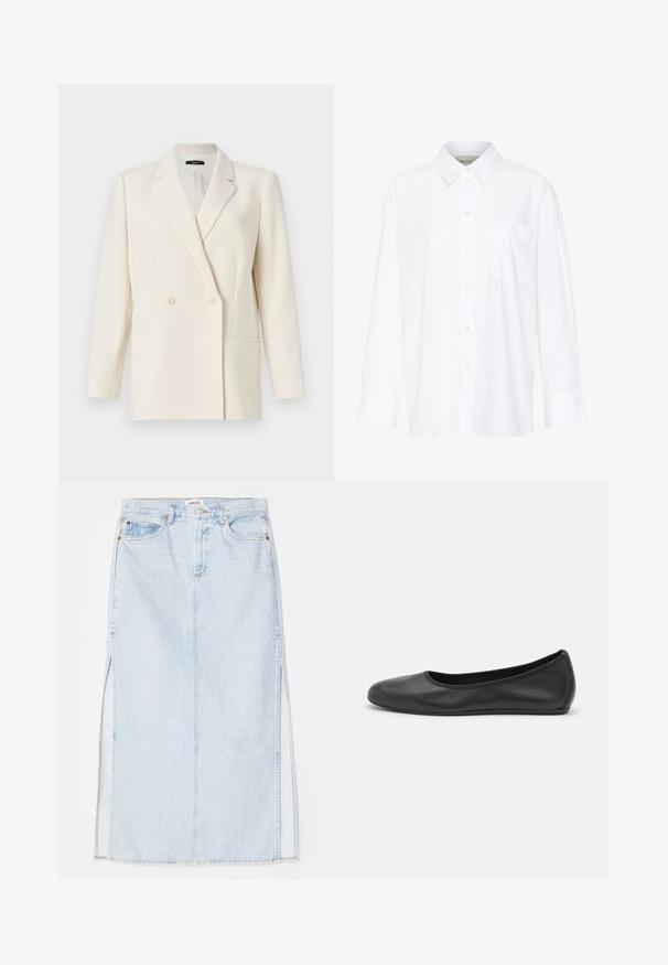 Theory Blazer - rice; Hvid langærmet skjorte med krave lavet af bomuld. Har en knaplukning fortil og en enkelt brystlomme. Glat tekstur, afslappet pasform.; Lyseblå denim maxi nederdel med lige snit, der har sideslidser og fem-lomme design. Fremtrædende syninger og metalknaplukning.; Sort læderballetsko med rund tå, glat tekstur, minimal syning og et fleksibelt såldesign.