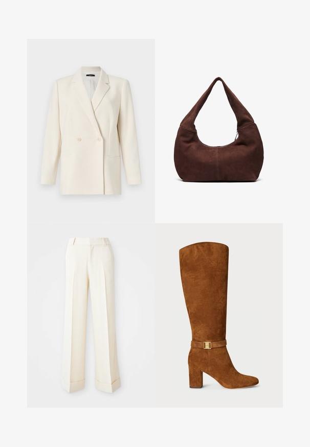 Theory Kratka jakna - rice; Kremasti kratki top bez rukava s širokim trakama i redom malih bijelih gumba koji se proteže duž središnjeg dijela.; Bež hlače širokih nogavica s glatkom teksturom, prednjim plisama i preklopljenim rubovima. Imaju petlje za remen i zatvaranje na zip.; Smeđi nubuk čizmama do koljena sa četvrtastim vrhom, debljim potplatom i zlatnim kopčom na odgovarajućem nubuk remenu oko članka.; Smeđa suknjena hobo torba s zakrivljenom, širokom ručkom i velikim otvorom. Mekana tekstura s vidljivim šavovima duž rubova.