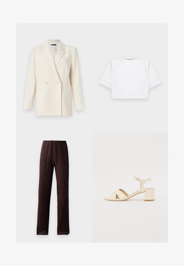 Theory Blazer - rice; Cropped white t-shirt made of soft fabric, featuring short sleeves, a round neckline, and ribbed hem details. Simple and unembellished design.; Brown wide-leg pants featuring a pleated texture, high waistband, and flowing design. Made from lightweight fabric. No visible fasteners.; Beige patent leather heeled sandals with cross strap design, open toe, adjustable ankle strap, and a block heel. Smooth texture.