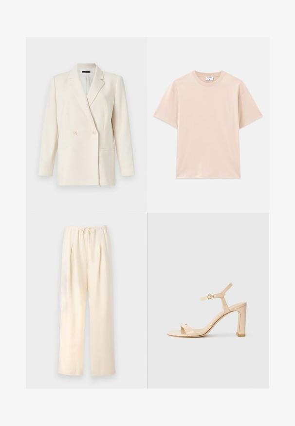 Theory Blazer - rice; Korte mouwen t-shirt in lichtbeige, gemaakt van zachte katoen. Ronde halslijn, relaxte pasvorm, met rechte zoom en zonder patronen of graphics.; Beige geplisseerde broek met een elastische tailleband en een verstelbaar trekkoord. Lichtgewicht stof en een wijd, recht ontwerp.; Beige hoge hak sandaal met enkelbandje en gouden gesp, open teen, en blokhak op een witte achtergrond.